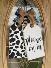 Load image into Gallery viewer, Cow Print Door Hanger Tag | Cow Door Hanger | Wood Door Hanger Tag | Funny Cow Door Hanger | Farmhouse Door Hanger | Country Door Hanger Tag
